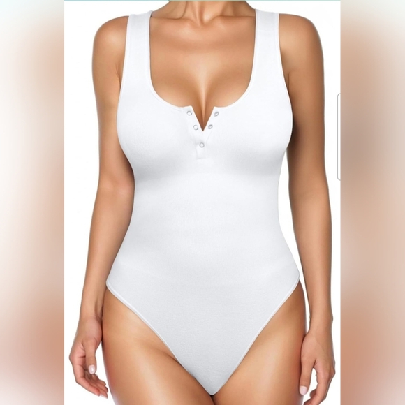 Popilush White Button Down Sleeveless Tummy Control Tank Top Bodysuit Size XS/S - Picture 1 of 11